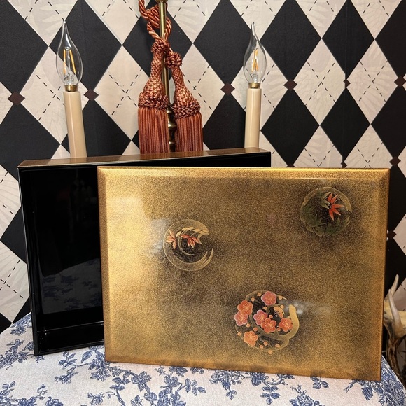Japanese Gold Lacquered Large Box Black Interior| Cherry Blossoms Storage Decor - Picture 15 of 16